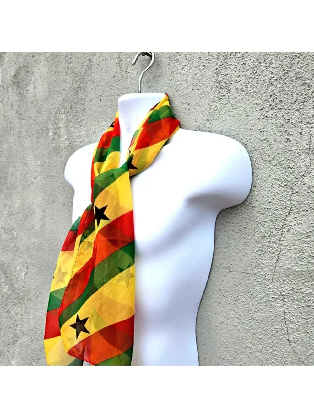 Ghana Flag Colors Rectangular Scarf Yellow Green Red Black Stars Polyester 54x13